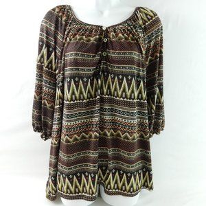 Women's Cinched Neckline & 3/4 Sleeve Woven Top Size 2X Henley Neckline